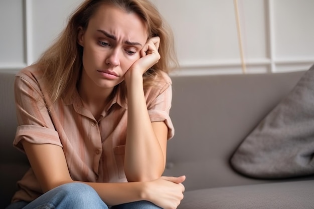 Una mujer se sienta en un sofá con la cabeza en la mano y se ve triste.