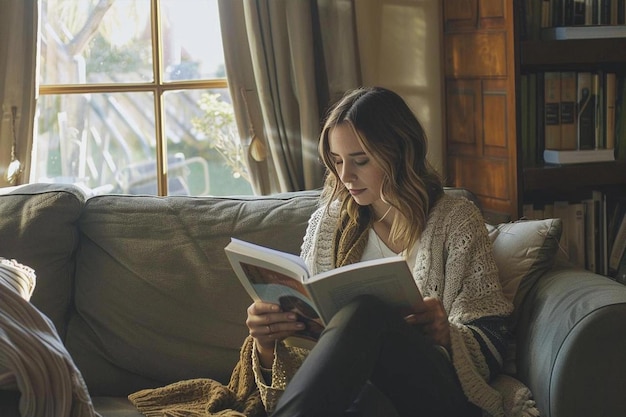 Una mujer se sienta en el sofá en casa y lee una foto de un libro en una atmósfera hogareña