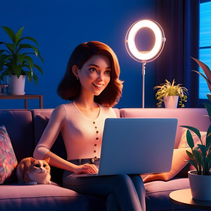 una mujer se sienta en un sofá con una computadora portátil y una imagen de una planta en el fondo