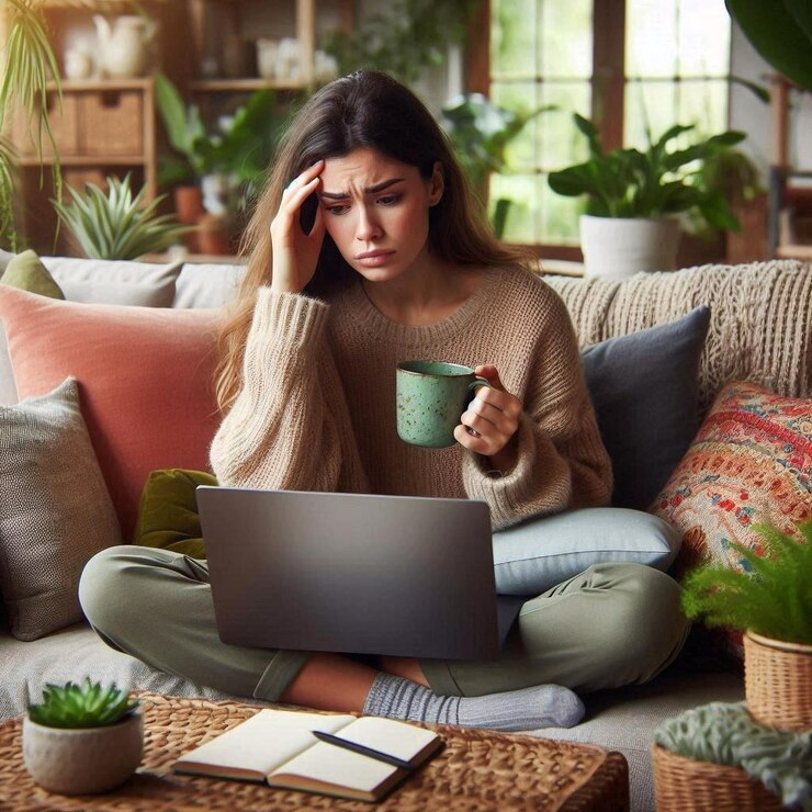 una mujer se sienta en un sofá con una computadora portátil y una taza de café