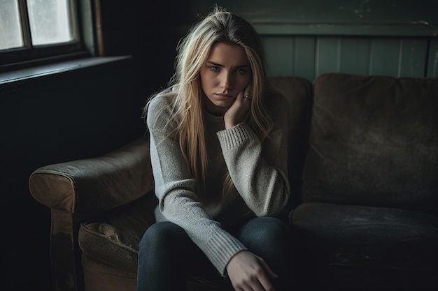 Una mujer se sienta en un sofá en una habitación oscura con cara de tristeza