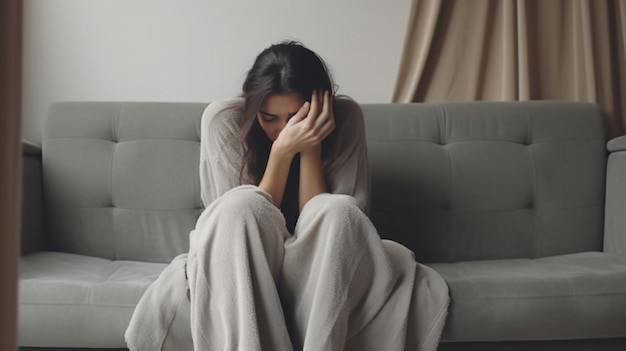 Una mujer se sienta en un sofá y llora.