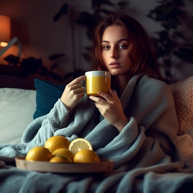 Una mujer se sienta en un sofá con una manta en la cabeza y bebe una taza de jugo de naranja.