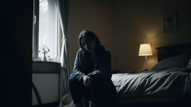 Una mujer se sienta en el suelo en una habitación oscura con una lámpara en la pared que dice 'la niña está sentada en el suelo'