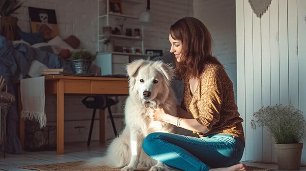 Una mujer se sienta en el suelo con su perro.