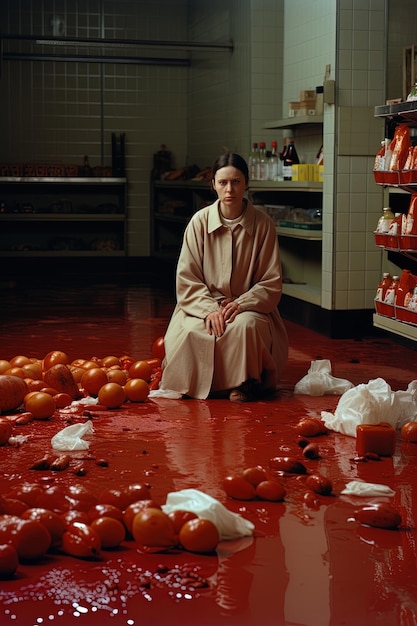 una mujer se sienta en el suelo con tomates y una botella de leche