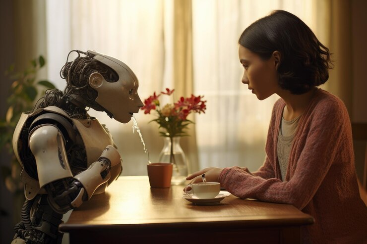 Foto una mujer se sienta tranquilamente en una mesa conversando con un robot que muestra la relación en evolución entre los humanos un robot humanoide que interactúa con una mascota doméstica generada por ia