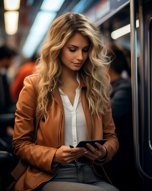 Una mujer se sienta en un tren y mira la pantalla del teléfono trabajando en el viaje de negocios por carretera