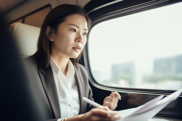 Una mujer se sienta en un tren mirando por la ventana y mira por la ventana