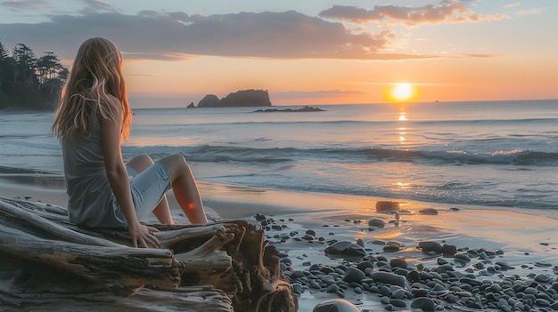 Foto una mujer se sienta en un tronco de madera a la deriva en la playa y mira la puesta de sol el cielo está en llamas de color y las olas están golpeando suavemente la orilla