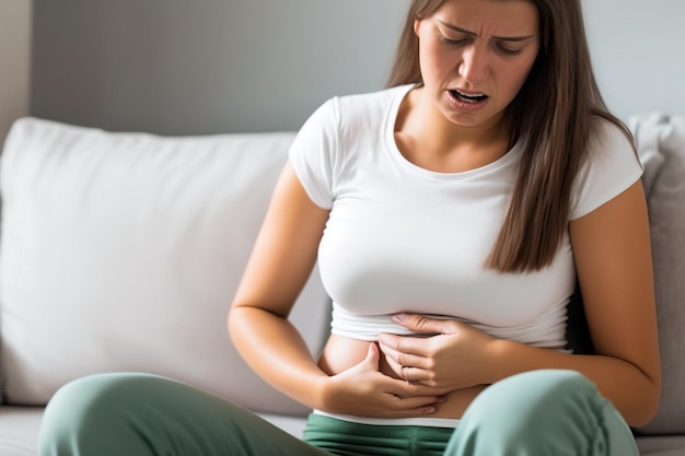 Mujer siente dolor abdominal por la menstruación y toma pastillas Generado por Ai