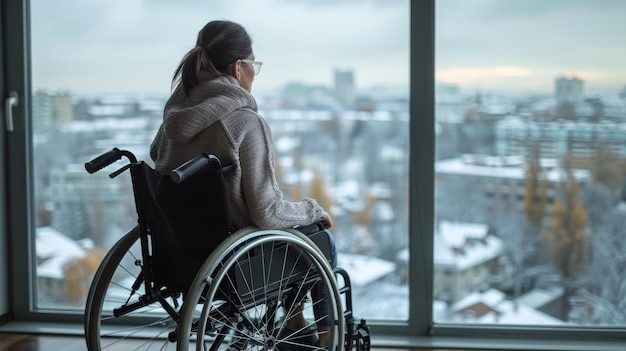 Mujer en silla de ruedas cerca de la ventana en casa