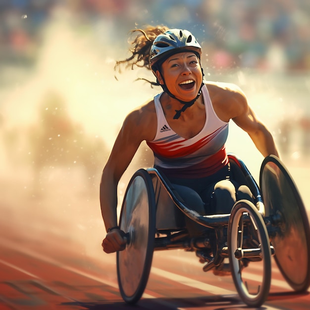 Foto una mujer en silla de ruedas corriendo por un campo de pista su rostro radiante con determinación