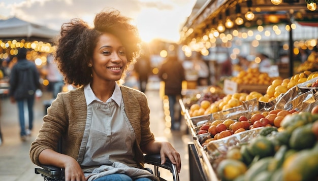 Una mujer en silla de ruedas está comprando frutas en un mercado