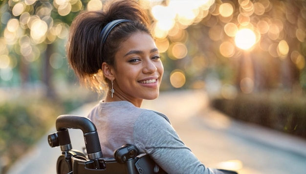 Una mujer en silla de ruedas está sonriendo y posando para una foto