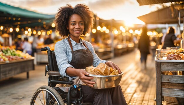 Una mujer en silla de ruedas está sonriendo y sosteniendo una canasta de comida