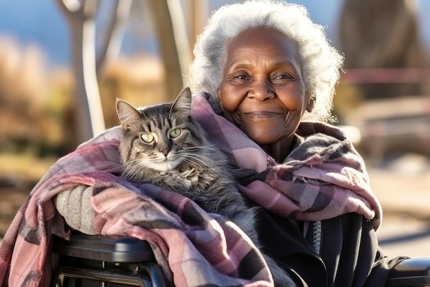 Mujer en silla de ruedas con gato Un conmovedor momento de conexión