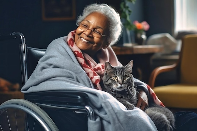 Mujer en silla de ruedas sosteniendo un gato