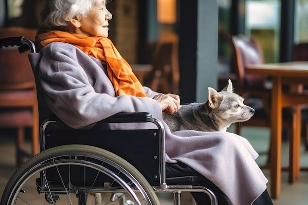Mujer en silla de ruedas sosteniendo un gato