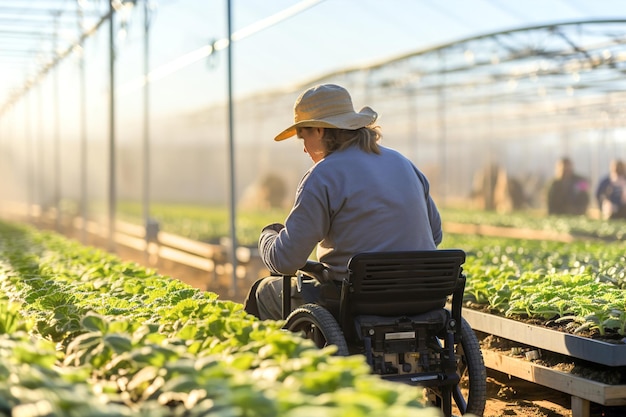 Una mujer en silla de ruedas trabaja en el invernadero Una mujer discapacitada planta