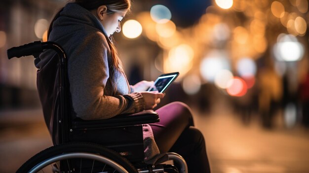 Foto mujer en silla de ruedas usando tableta digital por la noche