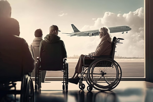 Mujer en silla de ruedas viendo despegar el avión con su familia a bordo
