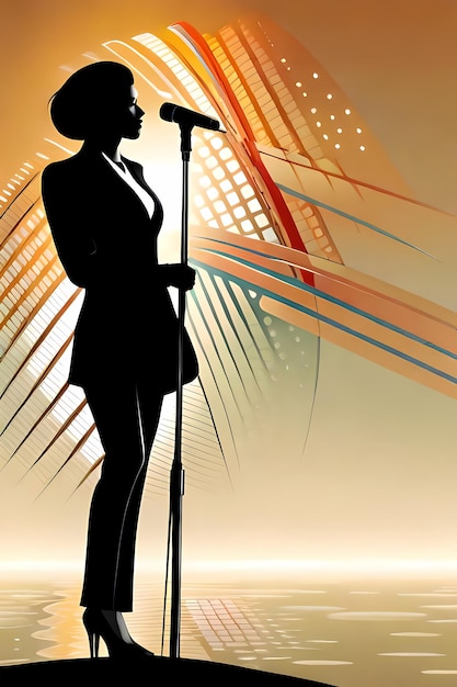 Foto mujer de silueta con micrófono con patrón abstracto en el fondo