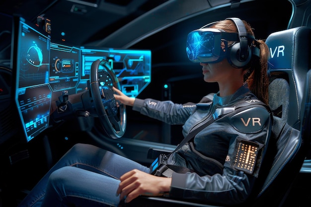 Mujer en una simulación de conducción VR futurista que muestra la naturaleza avanzada e inmersiva de virtua