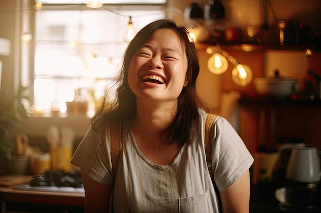 Mujer con síndrome de Down en casa con una cara feliz de pie y sonriendo con una sonrisa segura mostrando los dientes Generative Ai