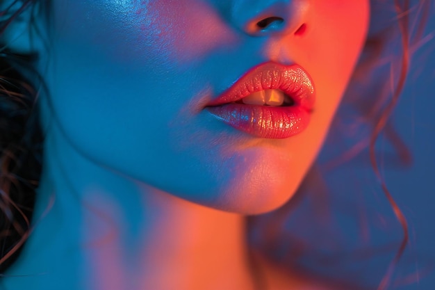 Mujer sintética con lápiz labial de neón en los colores del atardecer de Nueva York