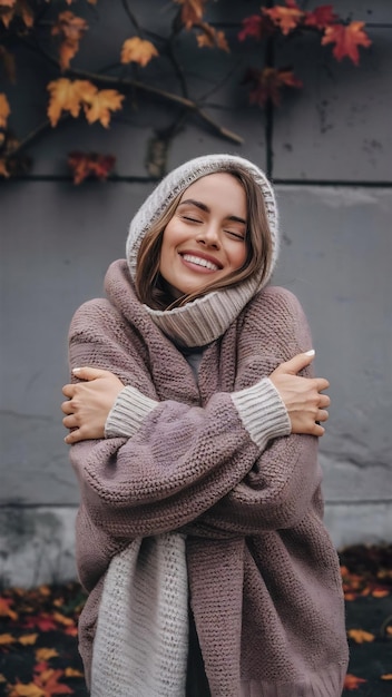 Mujer sintiéndose bien en su suéter suave y acogedor durante el clima frío abrazándose y sonriendo de com