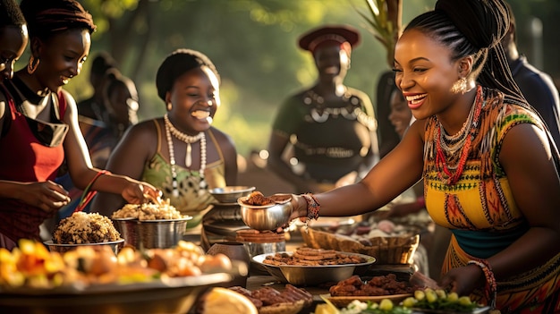 Una mujer sirviendo comida en una mesa de buffet con otras personas en el fondo.