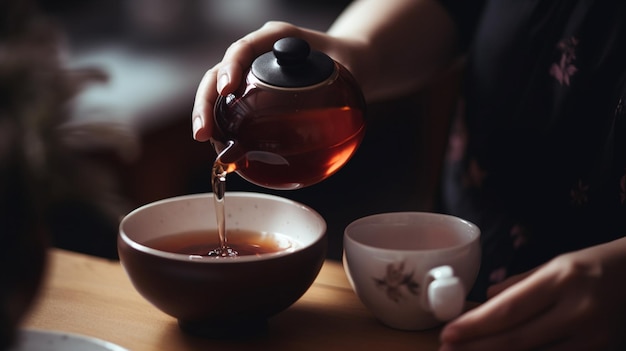 Mujer sirviendo té en una taza de té 9