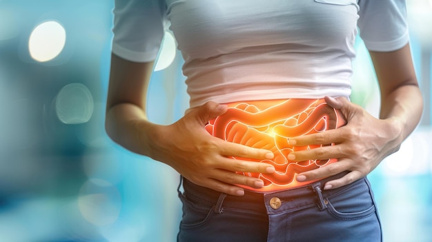 Foto mujer con un sistema digestivo saludable en un primer plano de fondo azul claro
