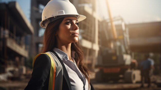 Una mujer en un sitio de construcción con un sombrero duro