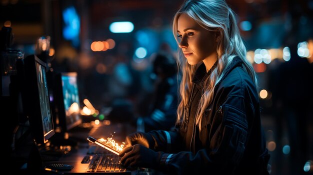 Mujer con smartphone por la noche en la ciudad de Londres