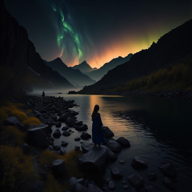 Una mujer se para sobre una roca frente a una montaña con la aurora boreal sobre ella.