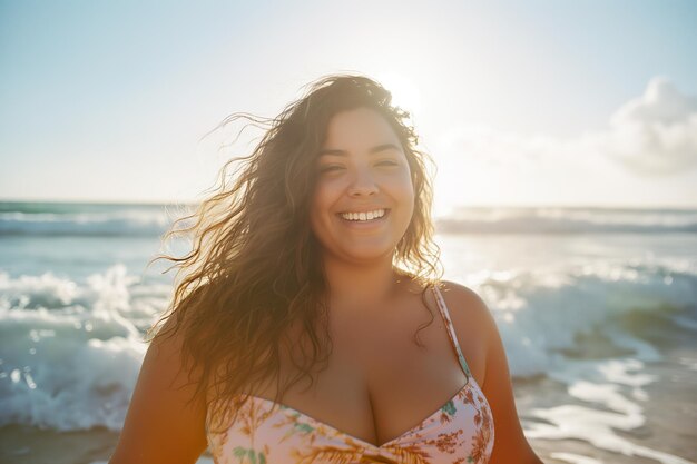 Mujer con sobrepeso y confianza en sí misma en bikini riendo en la playa