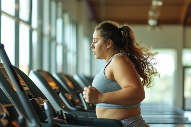 Mujer con sobrepeso corre en la cinta de correr en el gimnasio