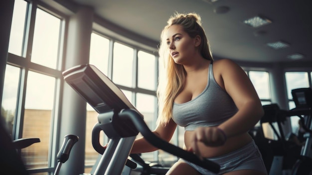 Mujer con sobrepeso en el gimnasio trabajando para perder peso haciendo ejercicio fitness y cardio