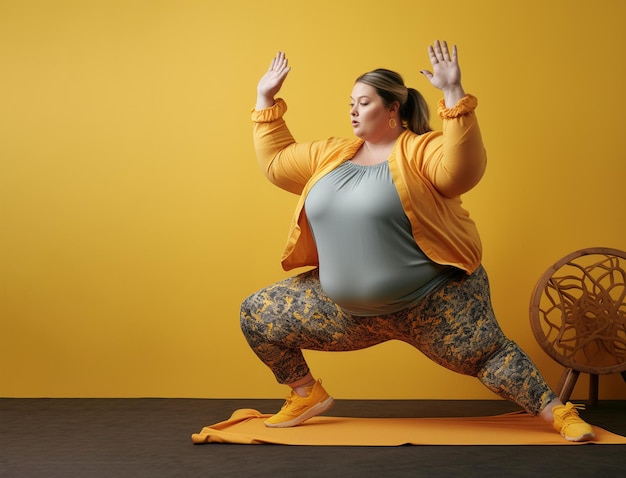 Mujer con sobrepeso practicando yoga y meditación en el estudio