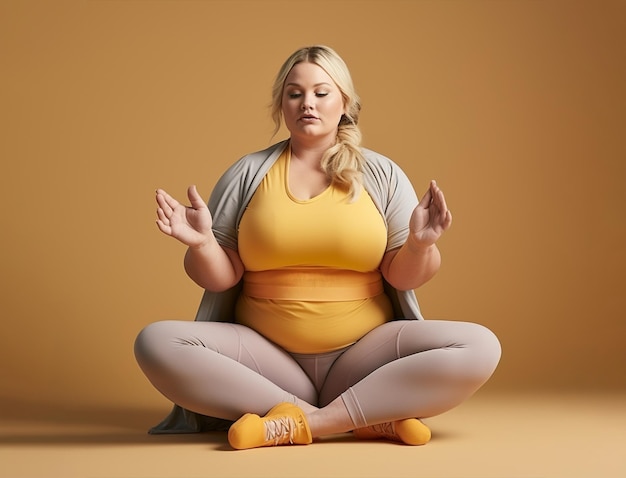 Mujer con sobrepeso practicando yoga y meditación en el estudio