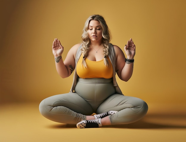 Mujer con sobrepeso practicando yoga y meditación en el estudio