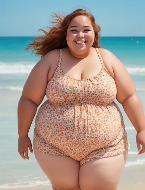 mujer con sobrepeso sonriendo en mayo en la playa