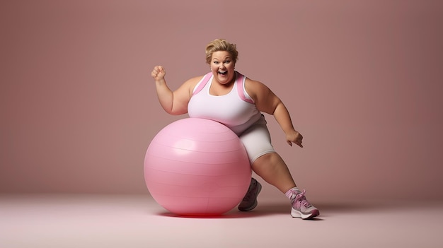 Mujer con sobrepeso en traje deportivo en una toma de estudio