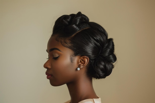 Mujer sofisticada y elegante con peinado elegante y pendientes de perlas en fondo neutral