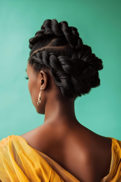 Mujer sofisticada con un elegante peinado updo retorcido en vista de perfil de primer plano en un fondo azul azul moderno que muestra su peinado creativo y de moda para un aspecto elegante y femenino