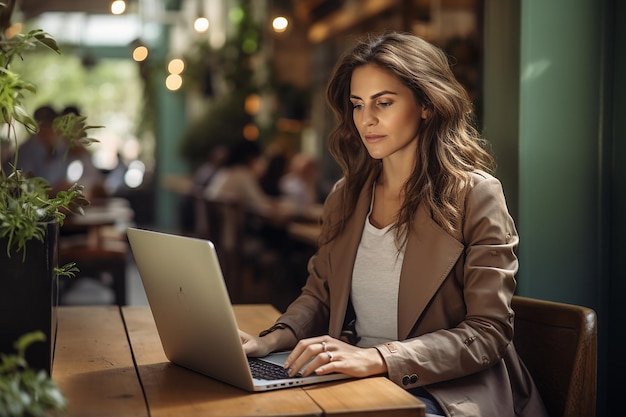 mujer sofisticada inmersa en su trabajo en una laptop sentada junto a una ventana en un café elegante