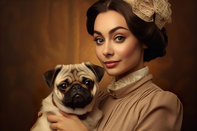 Mujer sofisticada con ropa de inspiración vintage sosteniendo cerca a su adorable pug