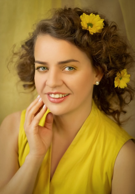 Mujer de sol brillante en vestido amarillo con flores amarillas